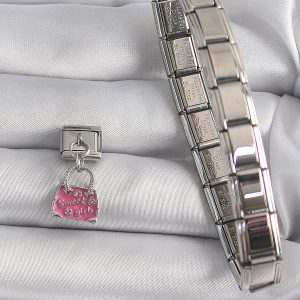 316L Çelik Gümüş Renk Sallantı Pembe Çanta Model Nomination Charm - Görsel 2