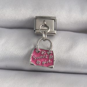 316L Çelik Gümüş Renk Sallantı Pembe Çanta Model Nomination Charm - Görsel 1