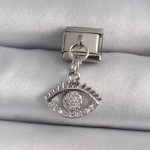 316L Çelik Gümüş Renk Sallantı Zirkon Taşlı Göz Model Nomination Charm - Görsel 1