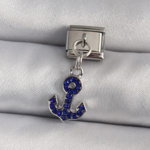 316L Çelik Gümüş Renk Sallantı Mavi Zirkon Taşlı Çapa Model Nomination Charm - Görsel 1