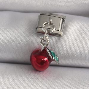 316L Çelik Gümüş Renk Sallantı Kırmızı Elma Model Nomination Charm - Görsel 1