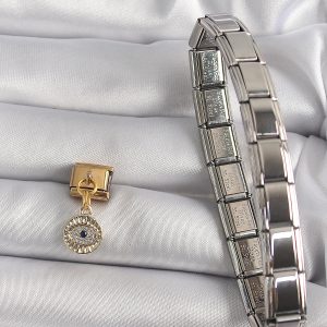 316L Çelik Gold Renk Sallantı Zirkon Taşlı Göz Model Nomination Charm - Görsel 2