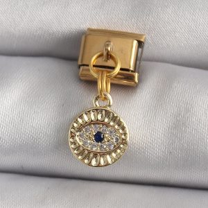 316L Çelik Gold Renk Sallantı Zirkon Taşlı Göz Model Nomination Charm - Görsel 1