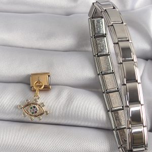 316L Çelik Gold Renk Sallantı Zirkon Taşlı Göz Model Nomination Charm - Görsel 2