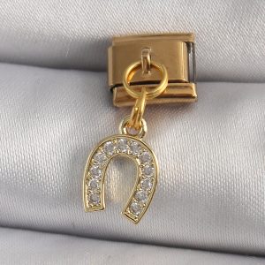 316L Çelik Gold Renk Sallantı Zirkon Taşlı Nal Model Nomination Charm - Görsel 1
