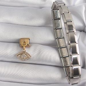316L Çelik Gold Renk Sallantı Zirkon Taşlı Göz Model Nomination Charm - Görsel 2