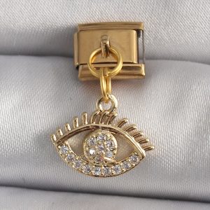 316L Çelik Gold Renk Sallantı Zirkon Taşlı Göz Model Nomination Charm - Görsel 1
