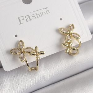 Pirinç Gold Renk Zirkon Taşlı 2'Li Çiçek Model Kadın Küpe - Görsel 1