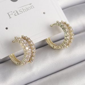 Pirinç Gold Renk Zirkon Taşlı Halka Model Kadın Küpe - Görsel 1