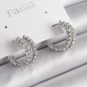 Pirinç Gümüş Renk Zirkon Taşlı Halka Model Kadın Küpe - Görsel 1