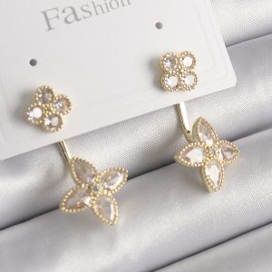 Pirinç Gold Renk Zirkon Taşlı Yonca Model Kadın Küpe - Görsel 1