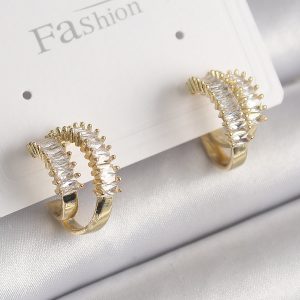 Pirinç Gold Renk 2'Li Zirkon Taşlı Halka Model Kadın Küpe - Görsel 1