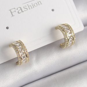 Pirinç Gold Renk Zirkon Taşlı Halka Model Kadın Küpe - Görsel 1