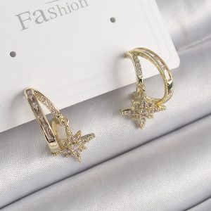 Pirinç Gold Renk Zirkon Taşlı Halka Model Yıldız Detay Kadın Küpe - Görsel 1