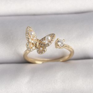 Pirinç Gold Renk Zirkon Taşlı Kelebek Model İnci Detay Ayarlanabilir Yüzük - Görsel 1