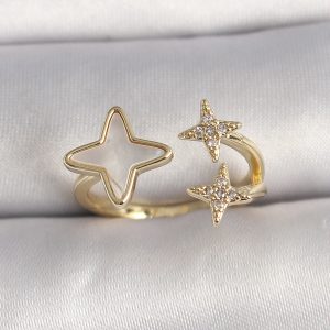 Pirinç Gold Renk Zirkon Taşlı Beyaz Mineli Zirkon Taşlı Ayarlanabilir Yüzük - Görsel 1