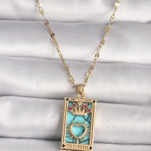 316L Gold Renk Pembe Zirkon Taşlı Taç Kalp Portre Model Kadın Kolye - Görsel 1