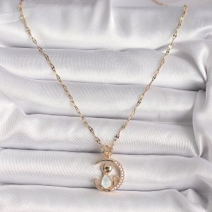316L Çelik Gold Renk Zirkon Taşlı Hilal Mavi Sedefli Kedi Figür Yıldız Detay Kadın Kolye - Görsel 2