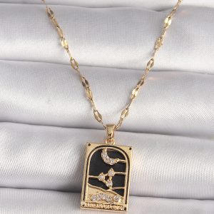 316L Çelik Gold Renk Zirkon Taşlı Ay Figürlü Tarot Model Kadın Kolye - Görsel 1