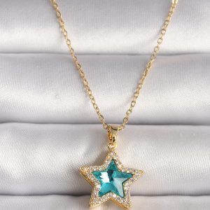 316L Çelik Gold Renk Zirkon Taşlı Mavi Yıldız Model Kadın Kolye - Görsel 1