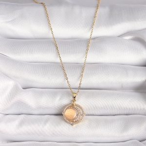 316L Çelik Gold Renk Zirkon Taşlı Turuncu Sedefli Hilal Model Kadın Kolye - Görsel 2