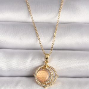316L Çelik Gold Renk Zirkon Taşlı Turuncu Sedefli Hilal Model Kadın Kolye - Görsel 1