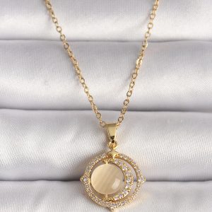 316L Çelik Gold Renk Zirkon Taşlı Sarı Sedefli Hilal Model Kadın Kolye - Görsel 1