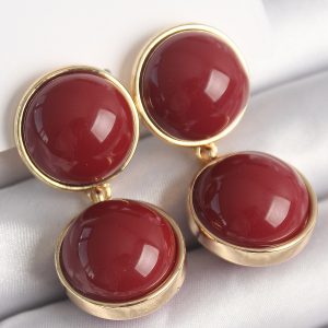 Pirinç Gold Renk Sallantı Bordo Daire Model Kadın Küpe - Görsel 1