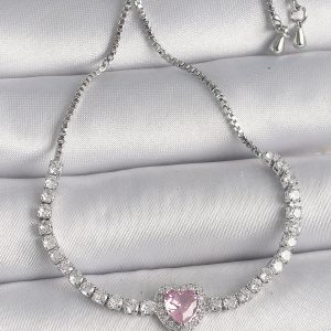 Pirinç Gold Renk Su Yolu Zirkon Taşlı Pembe Zirkon Taşlı Kalp Asansör Model Charm Kadın Bileklik - Görsel 1