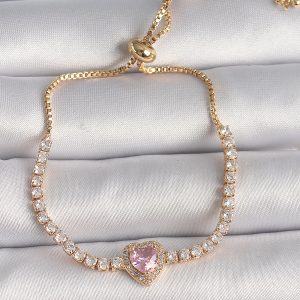 Pirinç Gold Renk Su Yolu Zirkon Taşlı Pembe Zirkon Taşlı Kalp Asansör Model Charm Kadın Bileklik - Görsel 1