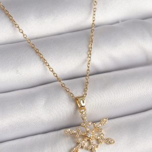 316L Çelik Gold Renk Zincir Zirkon Taşlı Kar Tanesi Model Kadın Kolye - Görsel 1