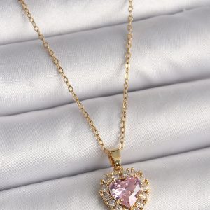 316L Çelik Gold Renk Zincir Pembe Zirkon Taşlı Kalp Model Kadın Kolye - Görsel 1