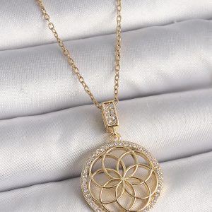 316L Çelik Gold Renk Zincir Zirkon Taşlı Lotus Model Kadın Kolye - Görsel 1