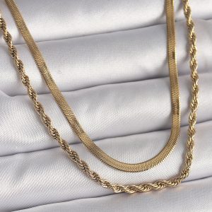 316L Çelik Gold Renk Çift Zincir İtalyan&Burgu Zincir Model Kadın Kolye
