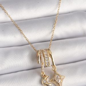 316L Çelik Gold Renk Zincir Sallantı Zirkon Taşlı Hilal Yılıdız Model Kadın Charm Kolye - Görsel 1