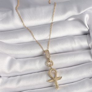 316L Çelik Gold Renk Zincir Zirkon Taşlı Ankh Model Kadın Kolye - Görsel 2