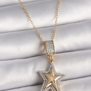 316L Çelik Gold Renk Zincir Zirkon Taşlı Yıldız Model Kadın Kolye - Görsel 1