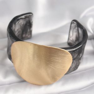 Siyah Mermer Desen Akrilik Plastik Gold Daire Plaka Model Vintage Kadın Bilezik - Görsel 2