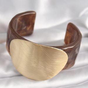 Kahverengi Mermer Desen Akrilik Plastik Gold Daire Plaka Model Vintage Kadın Bilezik - Görsel 2