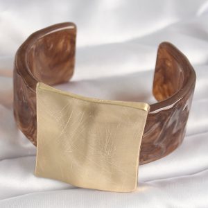 Kahverengi Mermer Desen Akrilik Plastik Gold Kare Plaka Model Vintage Kadın Bilezik - Görsel 2