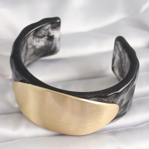 Siyah Mermer Desen Akrilik Plastik Gold Oval Plaka Model Vintage Kadın Bilezik - Görsel 2