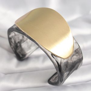 Siyah Mermer Desen Akrilik Plastik Gold Oval Plaka Model Vintage Kadın Bilezik - Görsel 1