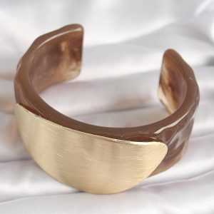Kahverengi Mermer Desen Akrilik Plastik Gold Oval Plaka Model Vintage Kadın Bilezik - Görsel 2