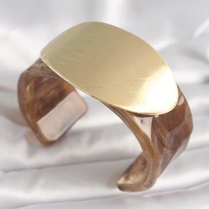 Kahverengi Mermer Desen Akrilik Plastik Gold Oval Plaka Model Vintage Kadın Bilezik - Görsel 1