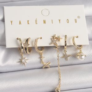 Pirinç Gold Renk Zirkon Taşlı Yıldız Model Kadın Küpe Kombini - Görsel 1