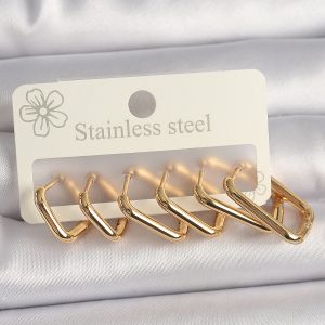 316L Çelik Gold Renk Çoklu Kare Model Kadın Küpe Seti - Görsel 1