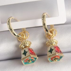 Pirinç Gold Renk Renkli Vintage Çin Emaye Model Kadın Küpe - Görsel 1