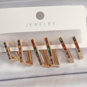 Pirinç Gold Renk Renkli Zirkon Taşlı Kare Model Kadın Küpe Seti - Görsel 1