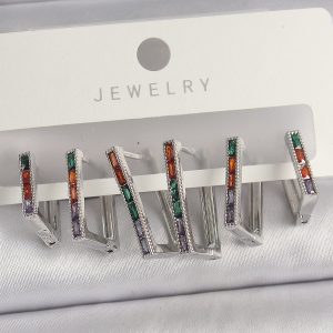 Pirinç Gümüş Renk Renkli Zirkon Taşlı Kare Model Kadın Küpe Seti - Görsel 1