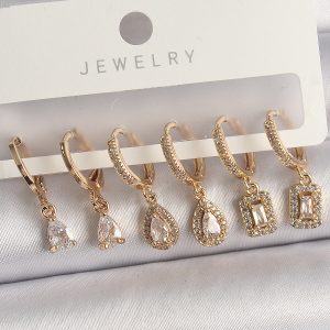 Pirinç Gold Renk Sallantı Zirkon Taşı Damla Model Kadın Küpe Seti - Görsel 1